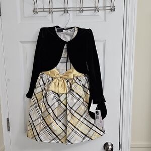 Bonnie Jean Black and Gold Plaid Dress. Includes Matching Purse. Size 8. Nwt.